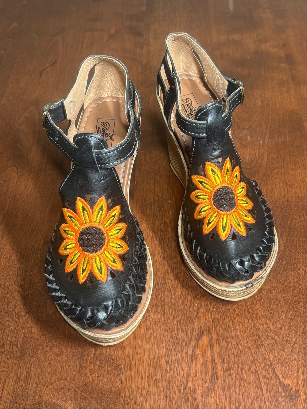 Black Leather Espadrilles with Sunflower Embroidery